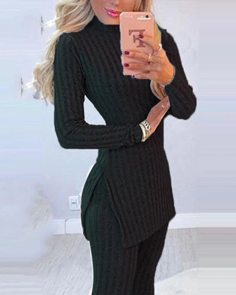 Two Piece Long Sleeve Ribbed Slit Long Top and High Waist Pencil Pant Set Fashion Outfit.