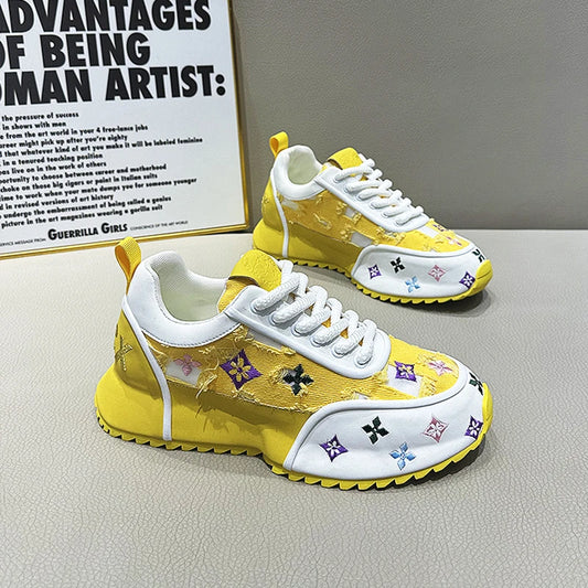 Unisex Breathable Embroidered Sneakers - Trendy Lace-Up Casual Shoes