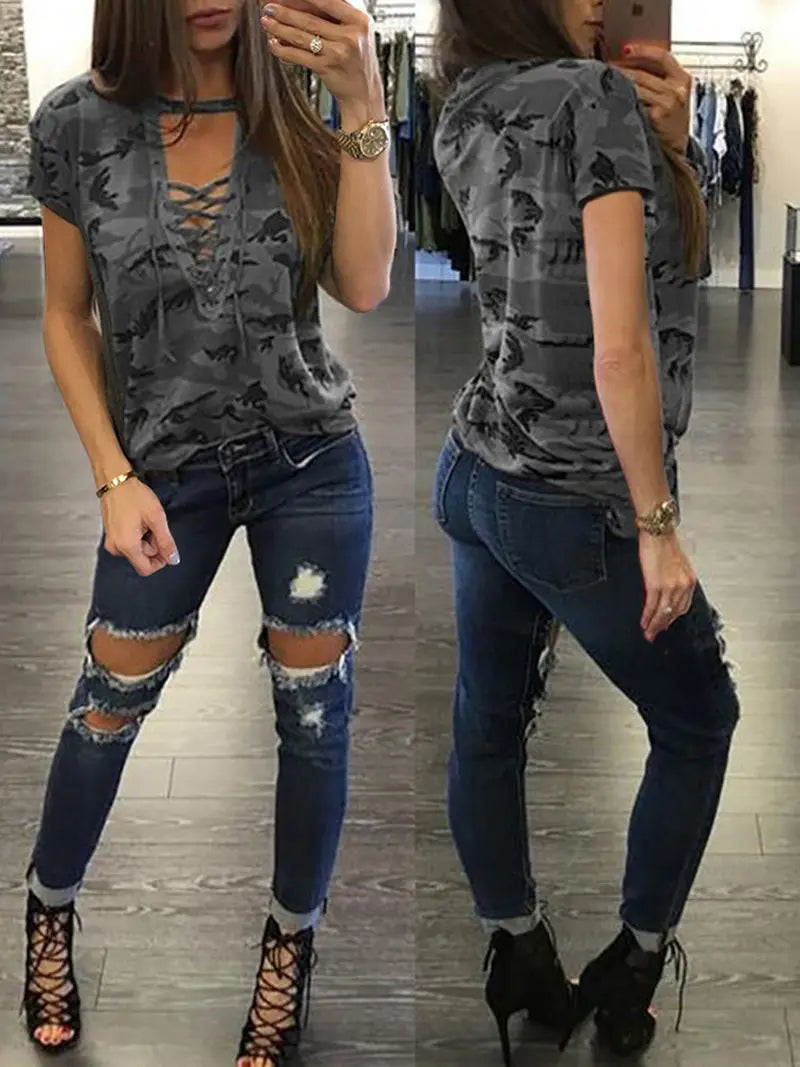 Summer Women Short Sleeve Camouflage Loose Casual Shirt.  S-4X