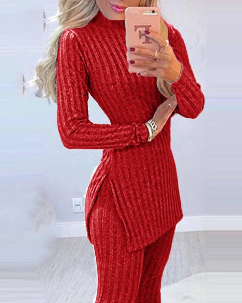 Two Piece Long Sleeve Ribbed Slit Long Top and High Waist Pencil Pant Set Fashion Outfit.