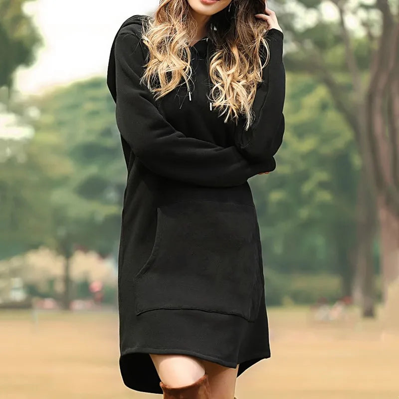 2025 Women Dress/Top Casual Pocket Long Sleeve Hooded Loose Fit Oversized Pullover Hooded Bodycon Dress /Top.   S-5X