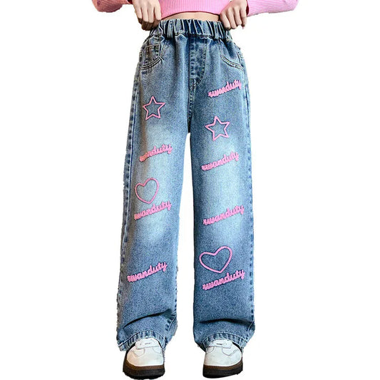 Casual Print Decoration Loose Wide Leg Kids Clothes for Big Girls Baggy Jeans with Straight Style Children's Clothing for Girls