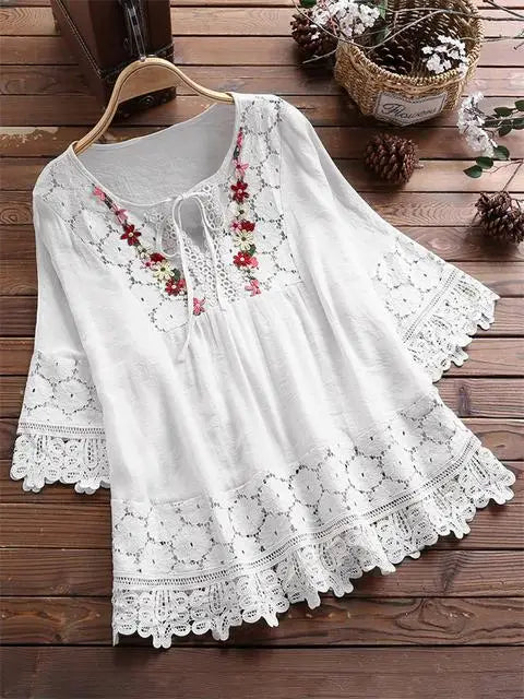 Ladies Solid Cotton And Linen Stitching Lace Flower V-neck Loose Fit Blouse.