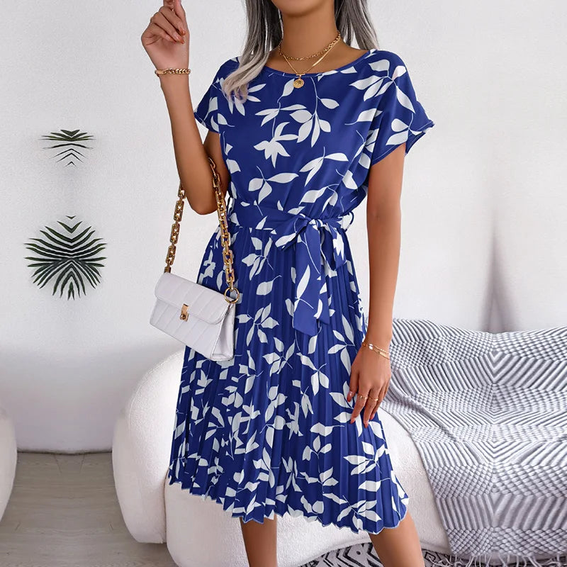 Women Spring Summer Short Sleeve High Waist Fashion Floral Pleated A Line Long Dress.  S-6X