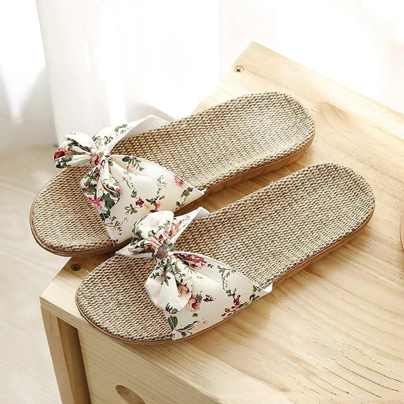 Women Summer Casual  High Quality Breathable Slides Comfortable Flax Slippers Striped Bow Linen Flip Flops.