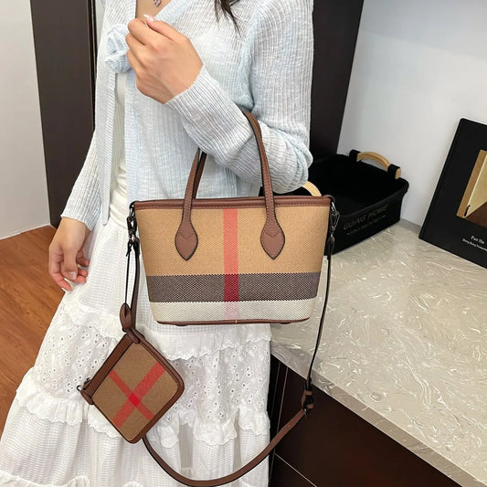 2025 Textured Plaid Handbag - Light Luxury Fashion Commuter Shoulder Bag with Contrasting Colors