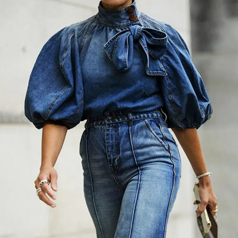 Women Denim Turtleneck Splice Puff Sleeve Loose Irregular Top Solid Pullover Casual Street-wear Shirt.  S-XXL