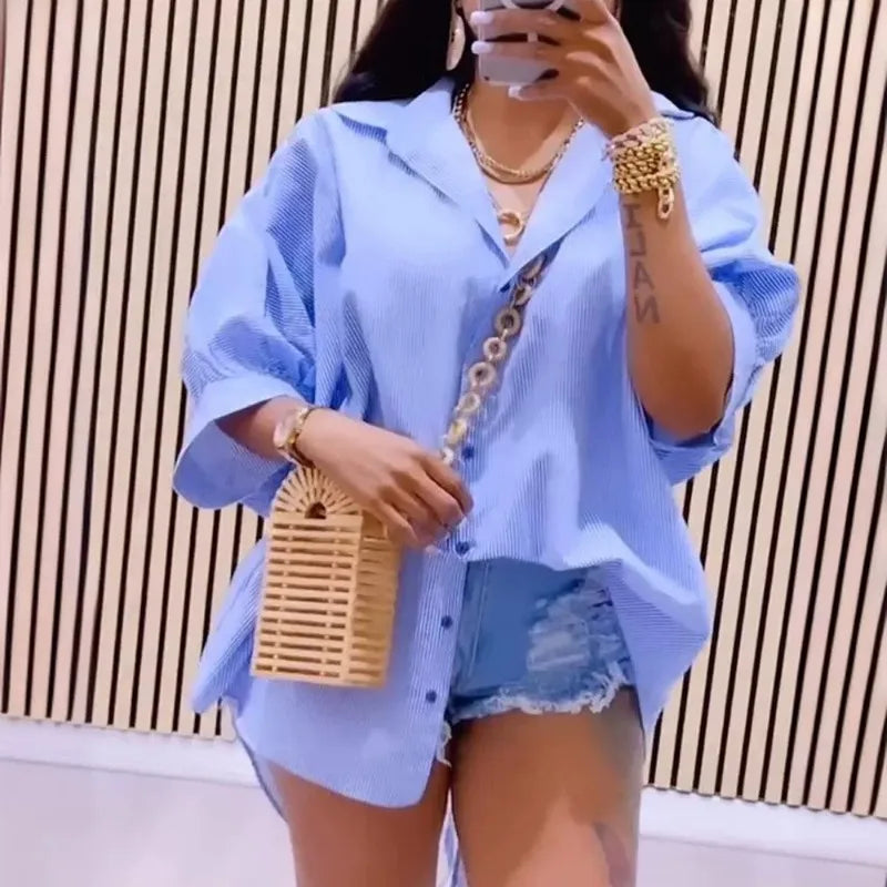 Spring Summer Women's Striped Back Hollow-out Split Drawstring Design Half Sleeves Loose Fit Shirt.