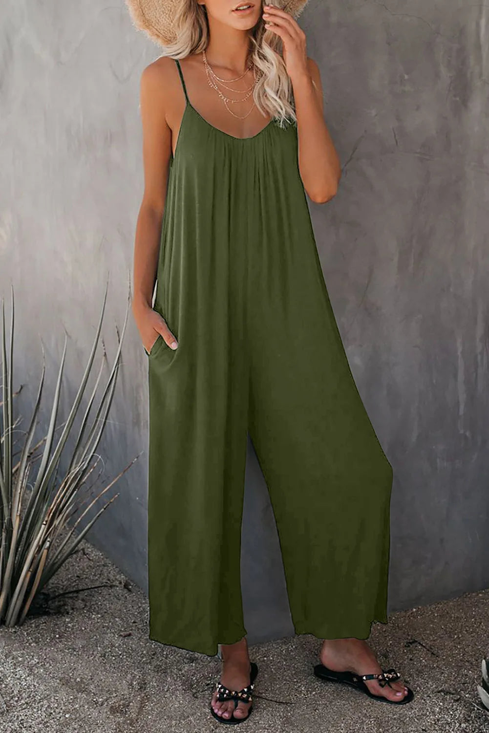 European Women's Summer New Solid Colour Pocket Casual Jumpsuit.  S-xxxL