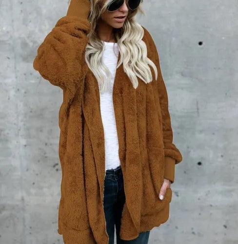 Double Fleece Cardigan Solid Colour Long Sleeve Plush Warm Hooded Lady Oversized Outerwear Coat.  S-5X