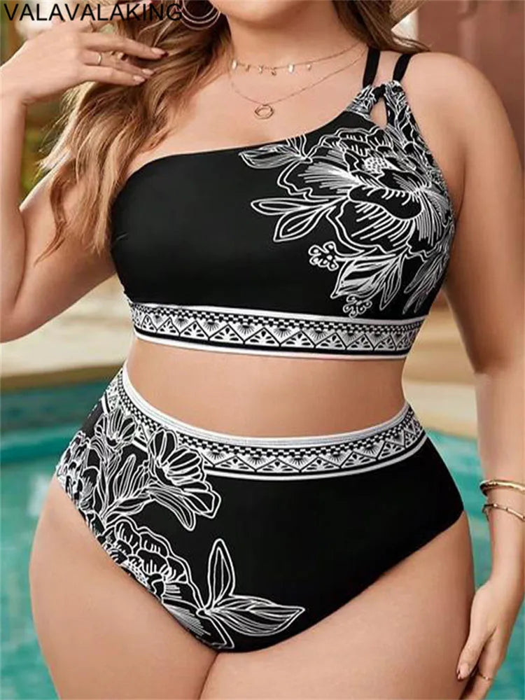 2025 Curvy Size One-shoulder Two Piece Bikini High Waist Swimsuit.