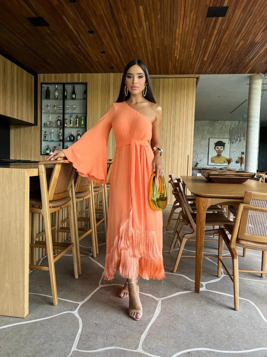 New Solid  Women's One-Shoulder Sexy Lady Long Slit Ruffled Tassel Swing Evening Dress.  S-XL