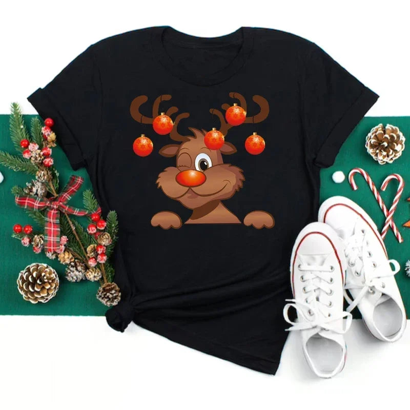 Women's Kawaii Christmas Top - Santa Claus & Deer O-Neck Y2K T-Shirt.  S-3X