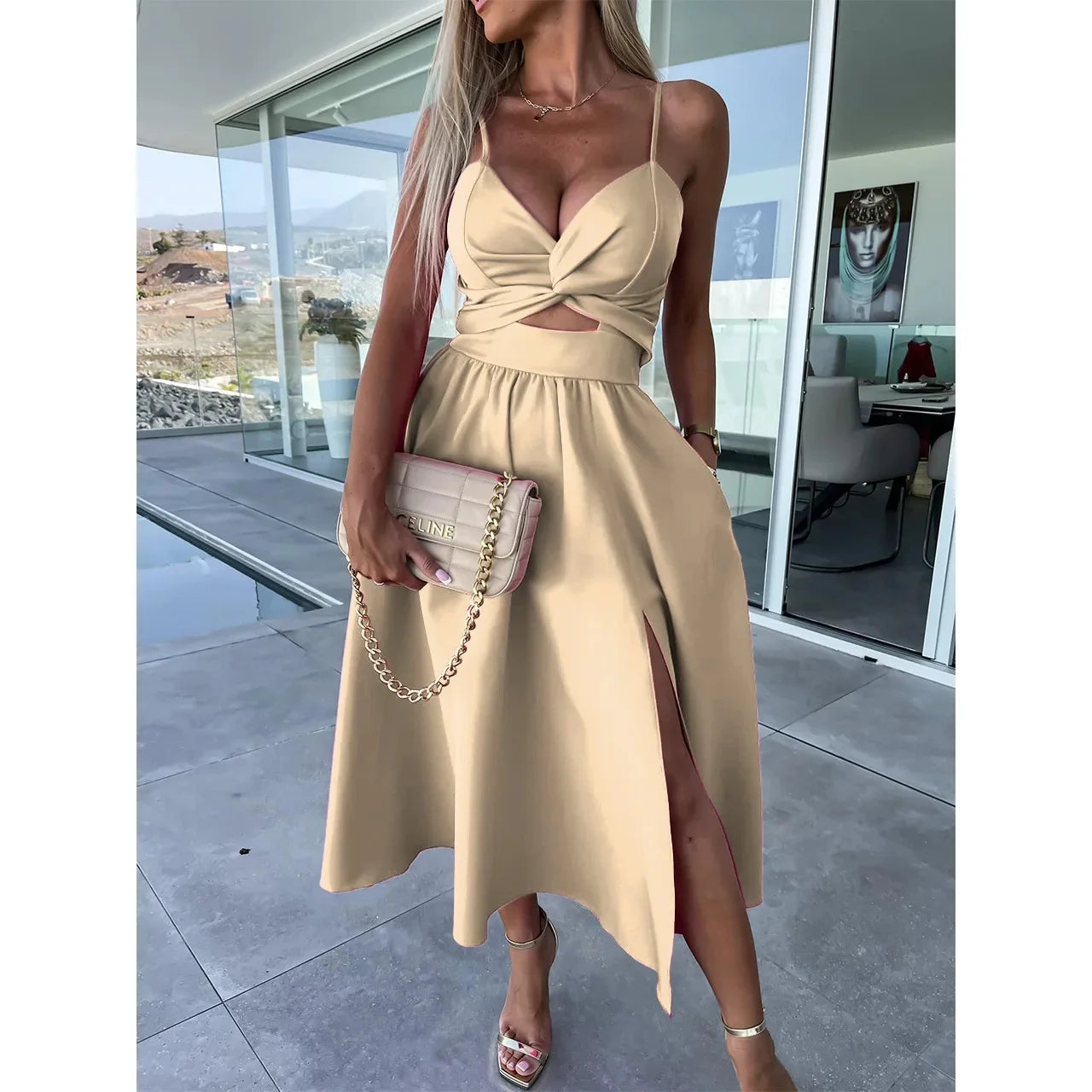 New Style Women's Sexy elegant V Neck  Open-Back Medium Length Dress.