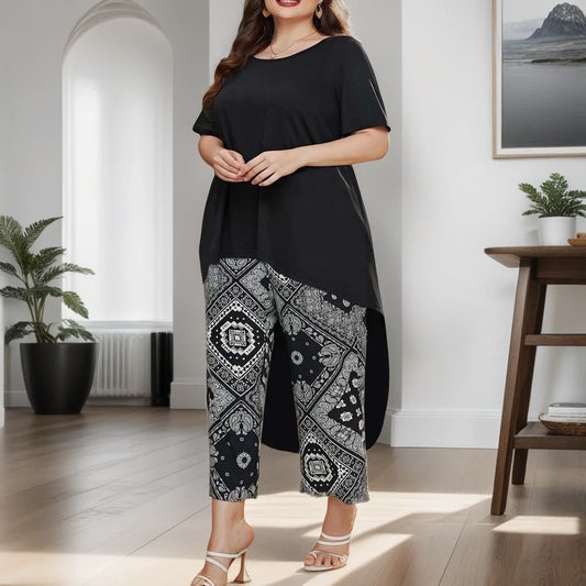 Plus Size Women's Suit Shirt and Printed Loose Cropped Pants Casual Fashion