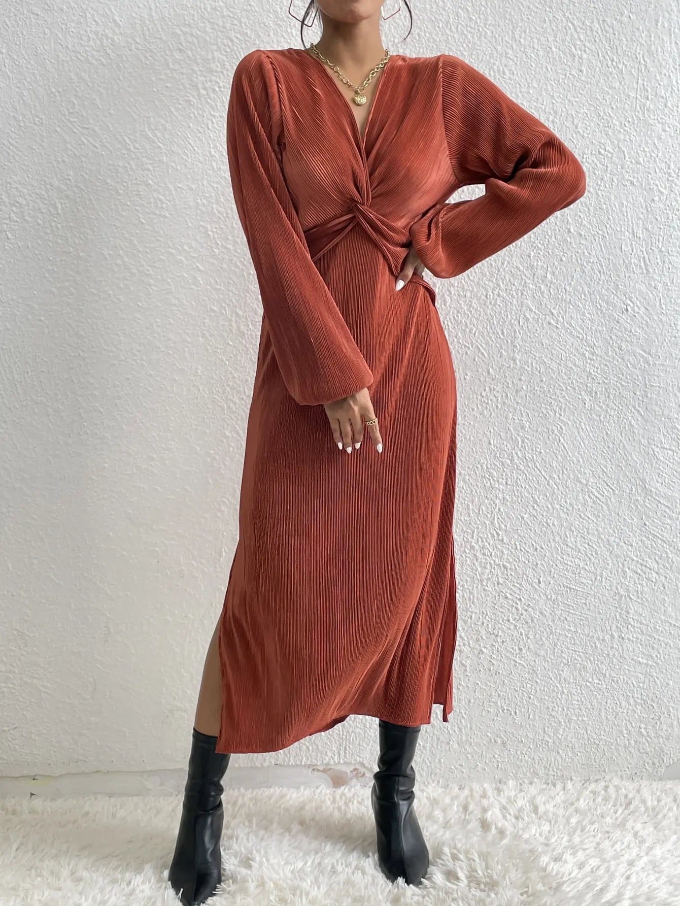 Midi Dress Long Sleeve Party Dress Front Cross Sexy Elegant .