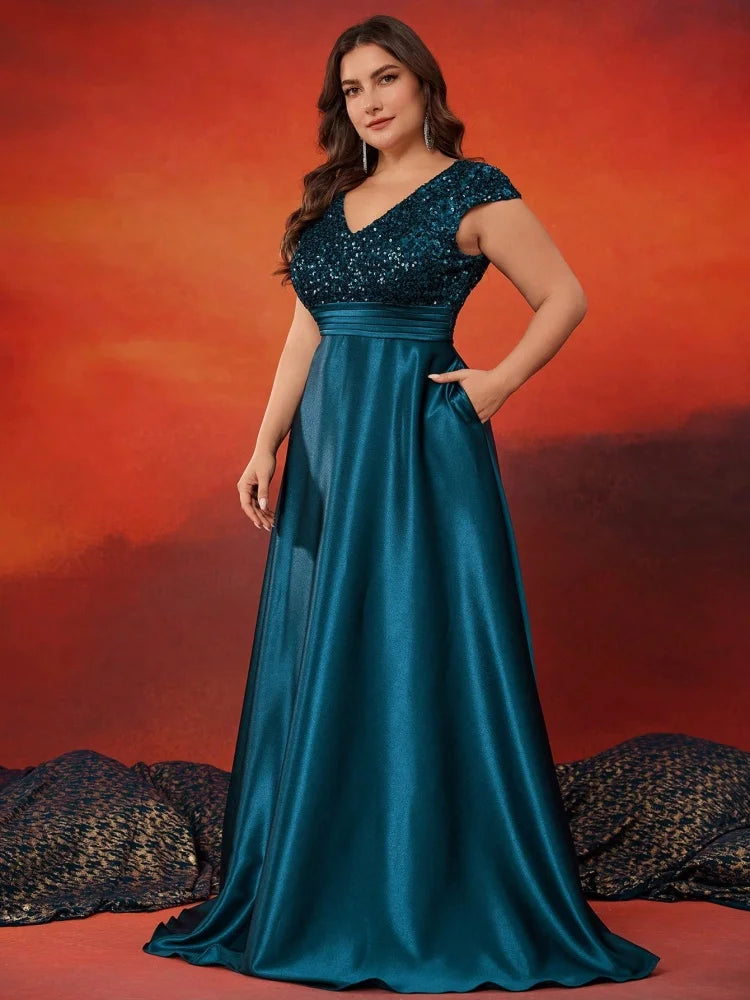 Plus Size Elegant V-Neck Sequin Evening Dress Long Luxury Satin Short Sleeves Party, Prom, Cocktail Dress