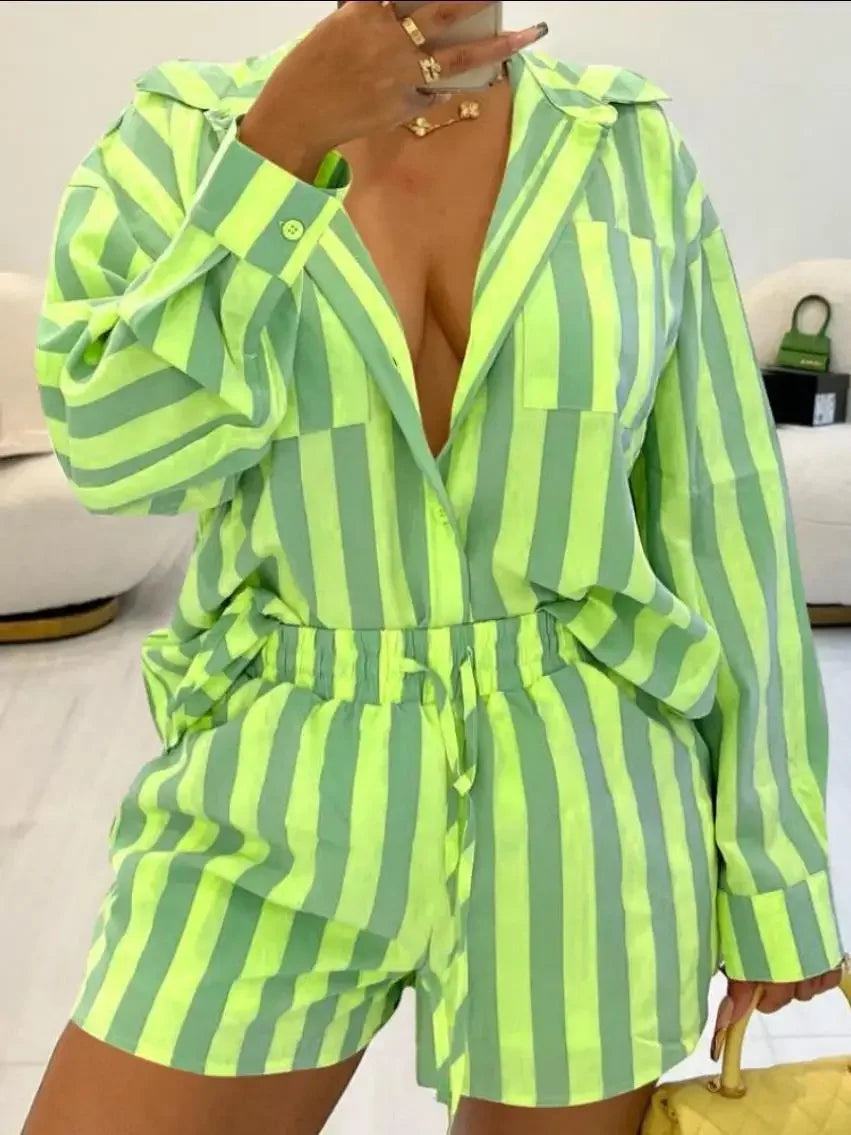 Fashionable Striped Two-Piece Loose-Fit Shorts And Shirt European Style.  S-4X