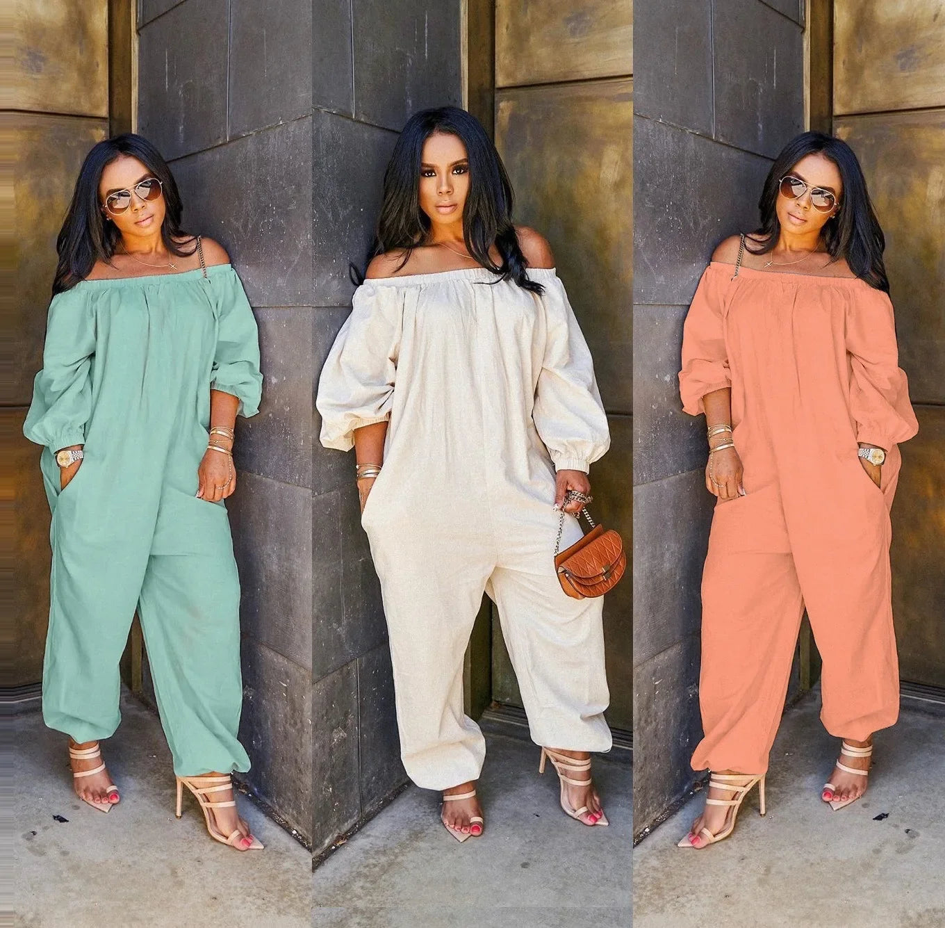 Solid Off Shoulder Jumpsuit for Women Casual Long Sleeve Rompers Loose Solid colour Casual Jumpsuits 2025.  S-2x