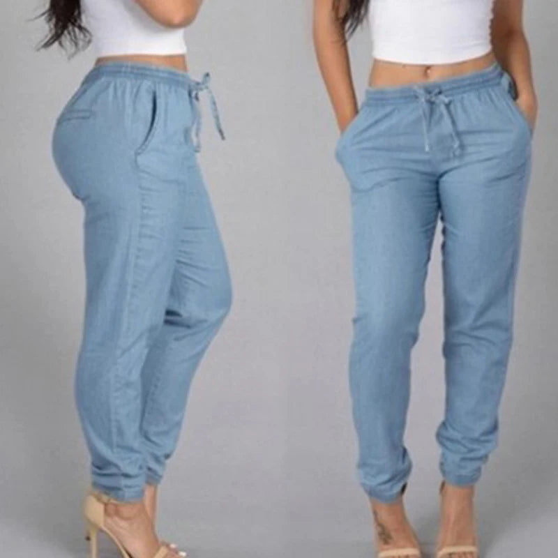 Elastic Waist Sexy Loose Pencil Jeans for Women, High Waist Ladies Thin-Section Denim Casual Jeans.  S-5xl