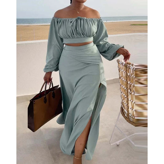 Women Ruched Lantern Long Sleeve Off Shoulder Crop Top & High Waist Side Slit Maxi Skirt Set Solid Two Pieces Outfit.  S-3xl
