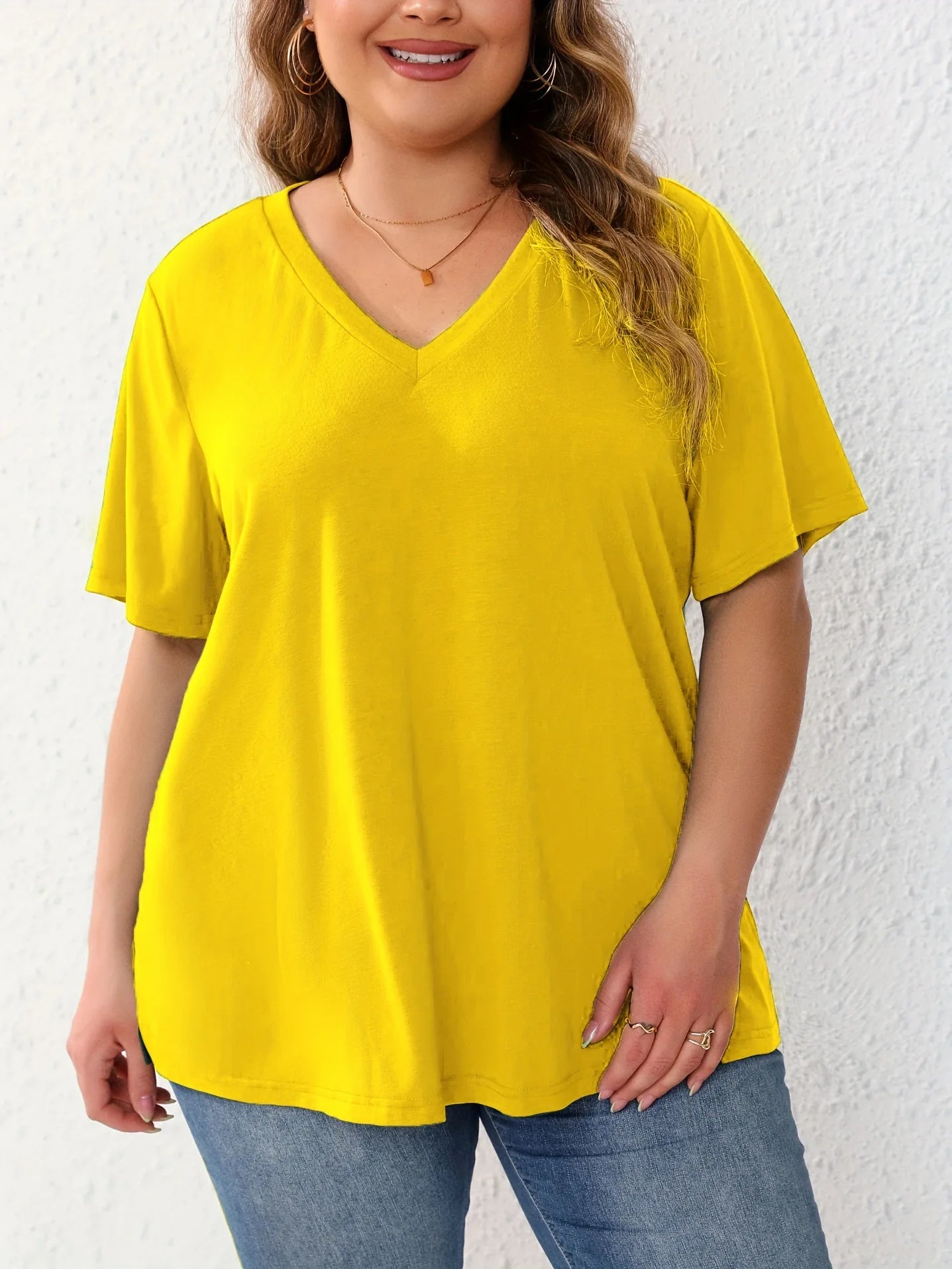 Plus Size Women T Shirt Summer V-Neck Short Sleeve Pullover Loose Tops Casual Solid Colours.
