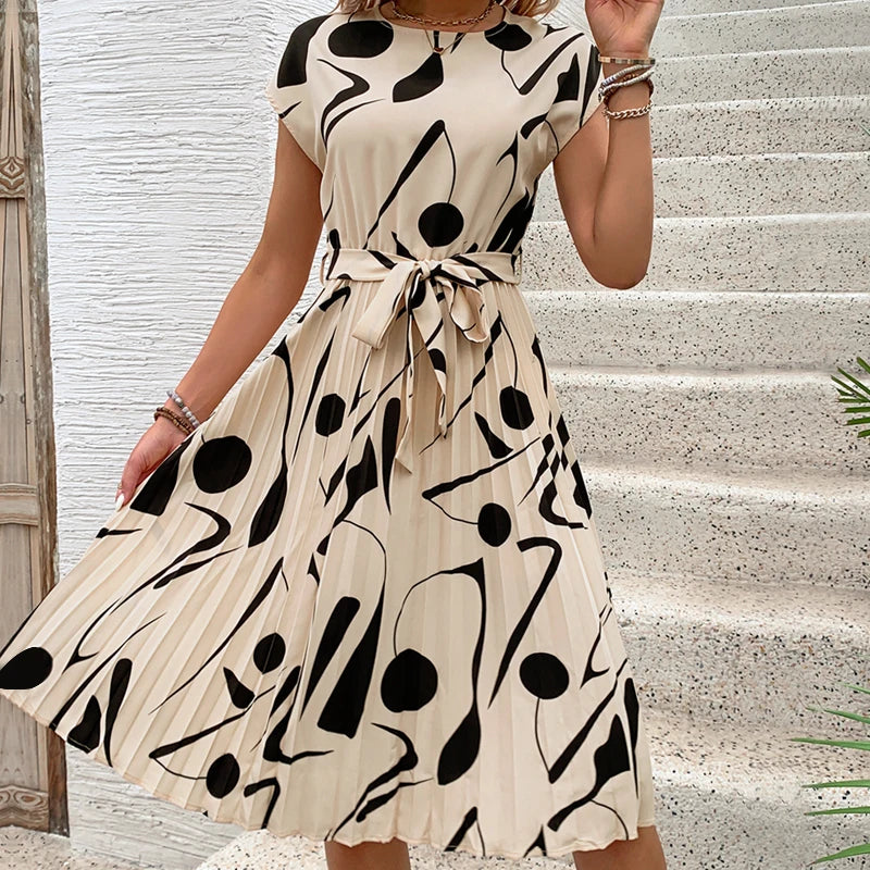 Summer Europe hot selling pleated round neck flare dress.
