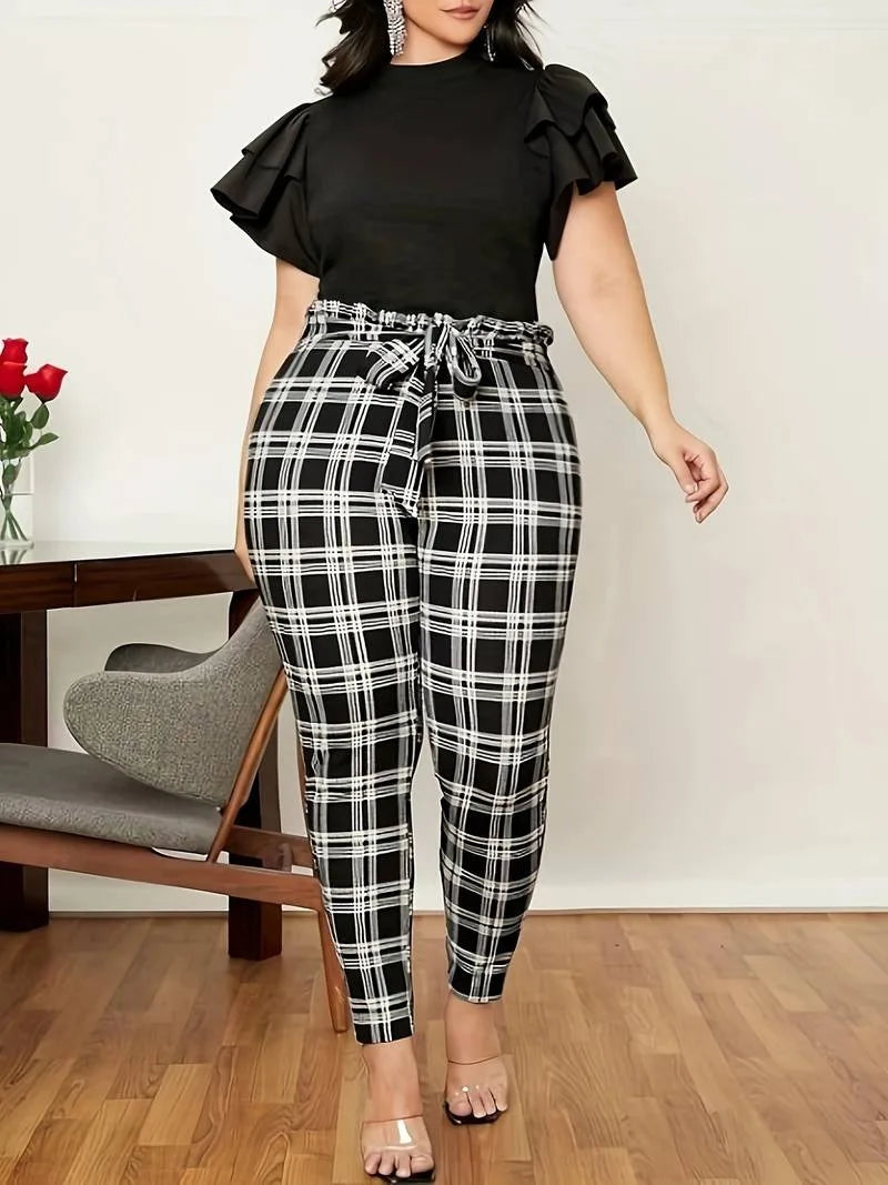 Posh Ladies Curvy Vintage Belted Plaid High Waist Pants.