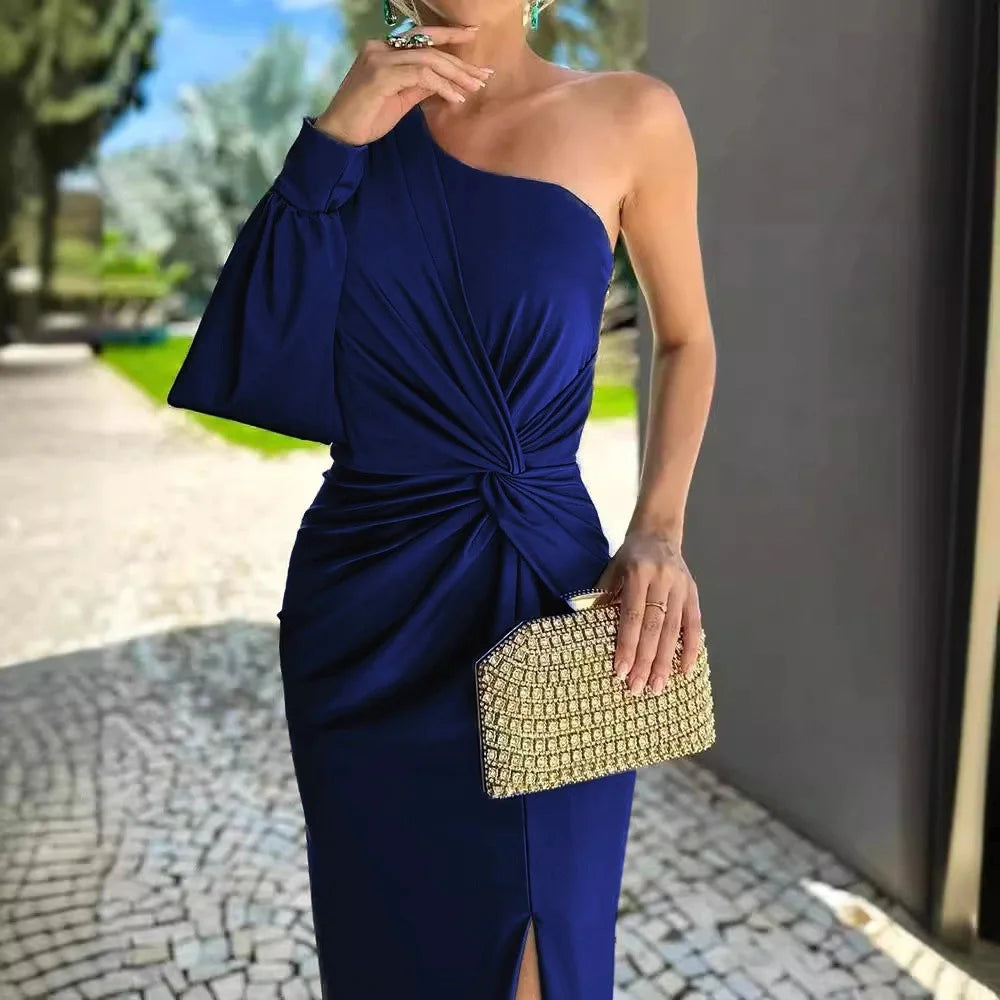 Women's Sexy Party Spring Summer New Skew Collar Fashion Maxi Dress One Shoulder Ladies Dress.  S-3X