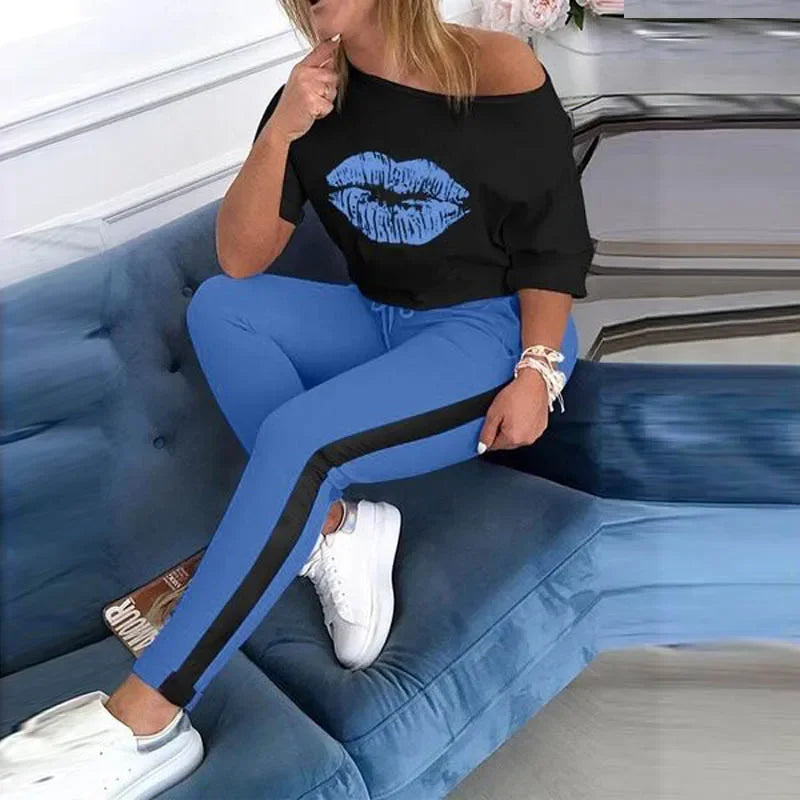 New Style Lip Print Round Neck Sports Set.  S-xl