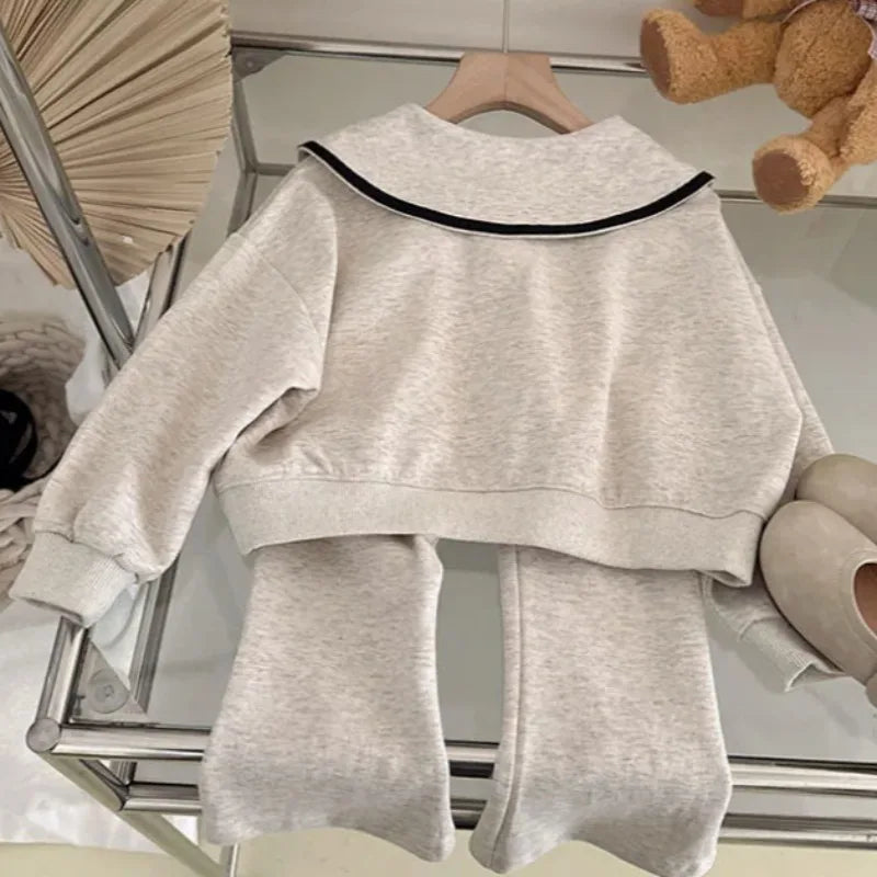 3-7Y Girls Spring Hoodies Set Korean Children's Spring and Autumn Fashionable Baby Doll Collar Hoodie Pants Casual Two Piece Set