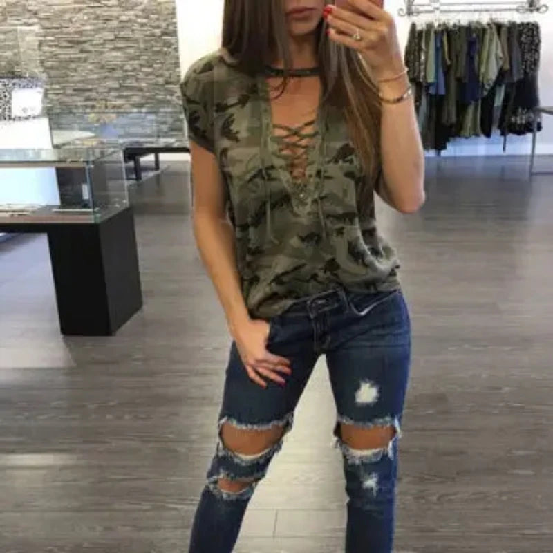 Summer Women Short Sleeve Camouflage Loose Casual Shirt.  S-4X