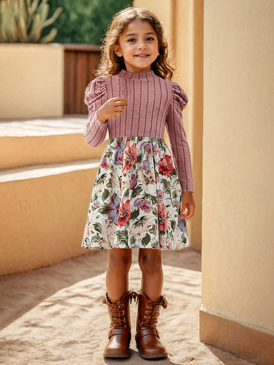 Kids Clothes Girls Floral Print Pattern Decor Stand Collar Long Sleeve Dress Girl Puff Sleeve Fashion Casual Skirt Child Casual Stylish Dress