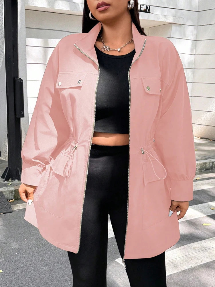 Plus Size Women's Solid Colour Jacket Casual Fashion Wind  Breaker Zipper All Season Jacket.   Xl-4X