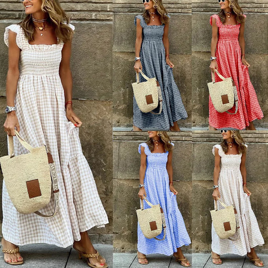 Luxury Ruffle Fly Sleeve Long Dress Square Neck Plaid Dress Casual Retro Beach /Holiday /Party. Vestidos  S-3X