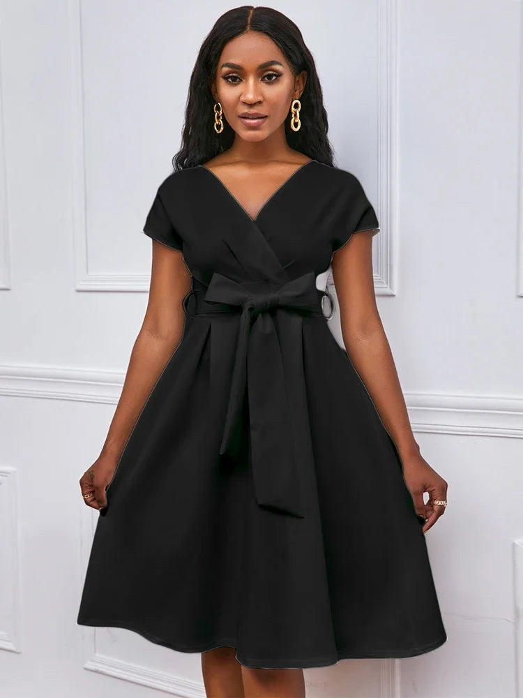 Women V Neck Dress Pleated A Line with Waist Belt Party Fashion Female African Event Occasion Prom White Celebrate Elegant Robes