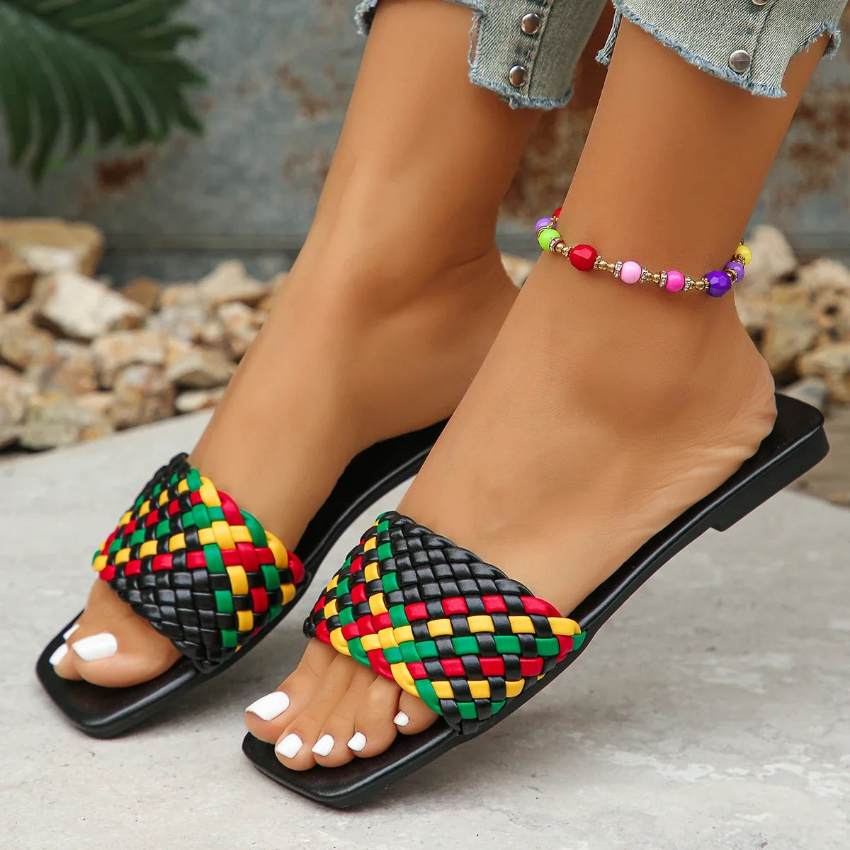Women Summer Fashion Mules Casual Braided Square Toe Flat Sandals -Slides .
