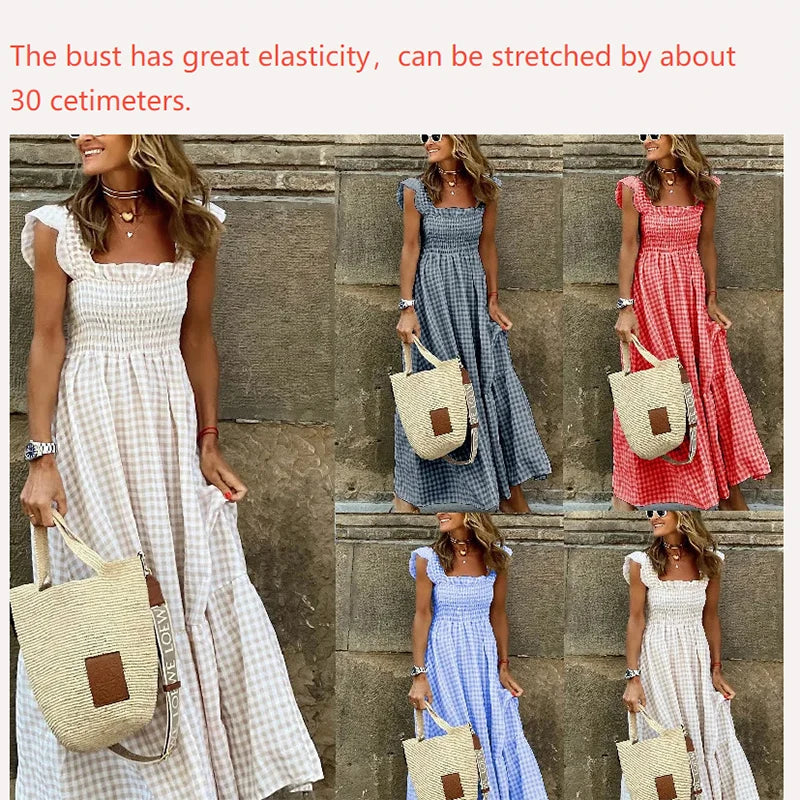 Luxury Ruffle Fly Sleeve Long Dress Square Neck Plaid Dress Casual Retro Beach /Holiday /Party. Vestidos  S-3X