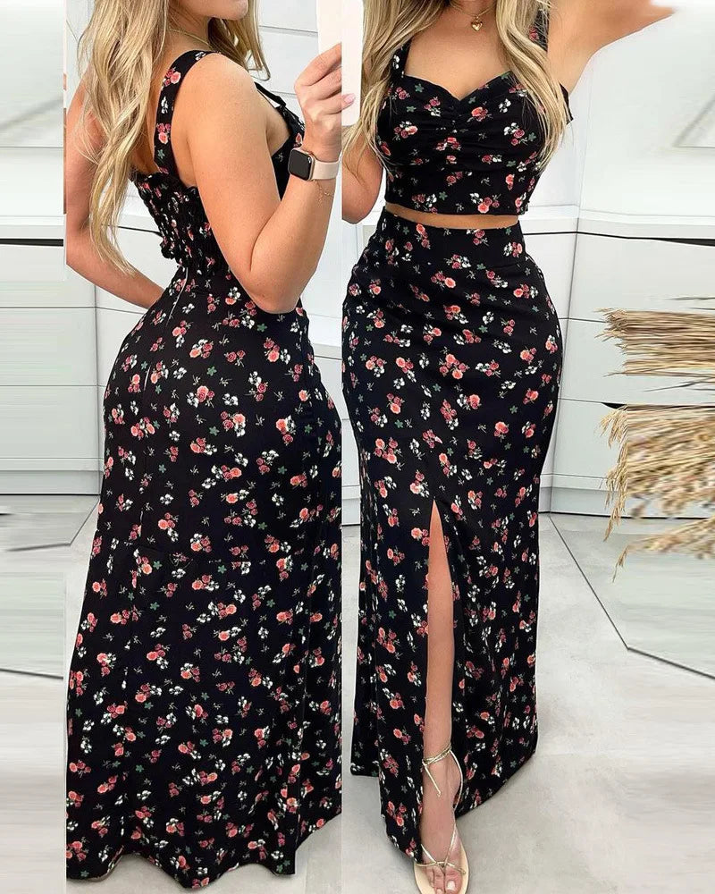 Women Summer Two Piece Crop Top+Maxi Long Skirt Floral Printed Split High Waist.