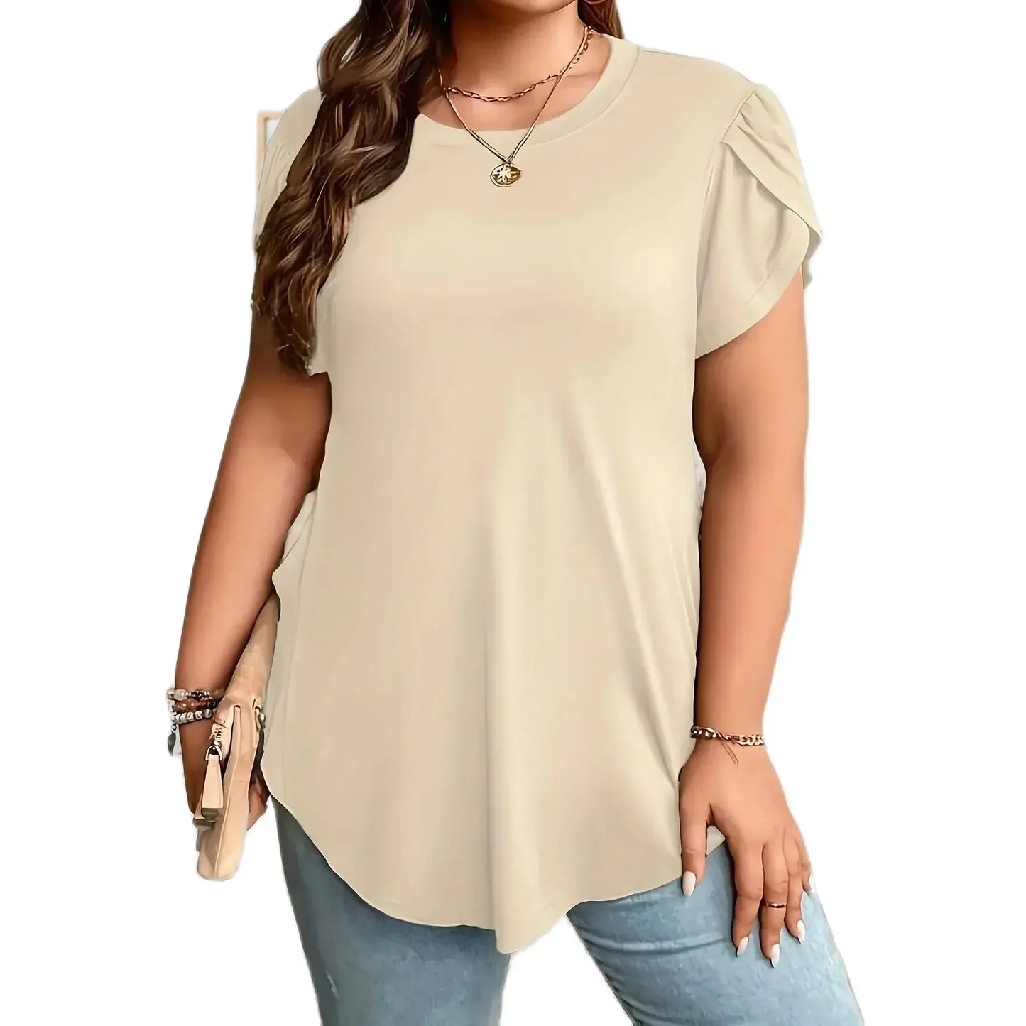 Women Plus Petal Sleeve Curved Hem Shirt Fashionable Style