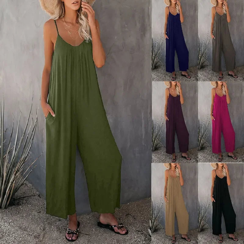 European Women's Summer New Solid Colour Pocket Casual Jumpsuit.  S-xxxL