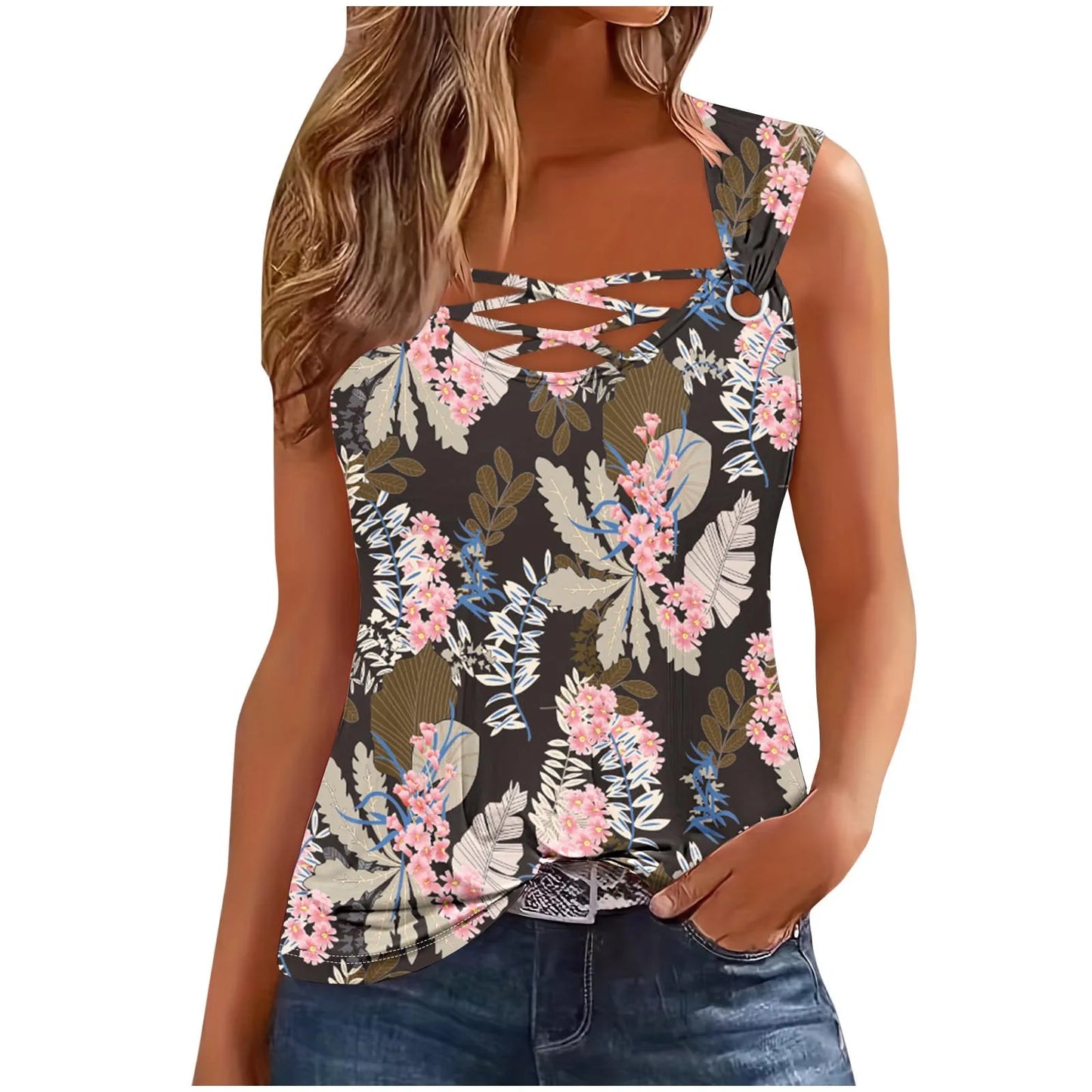 Summer Sleeveless  Wide Strap Tank Top Sizes S-XXL