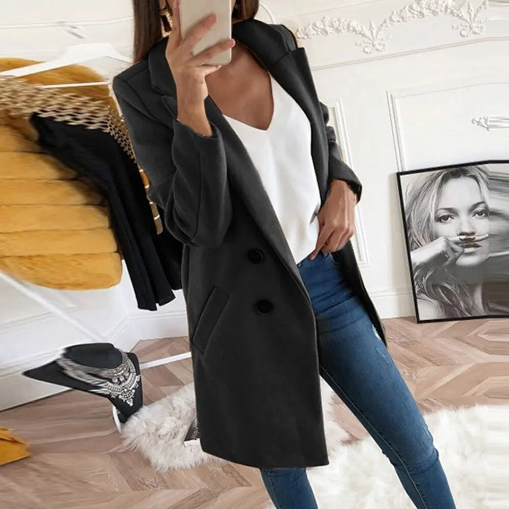 Thermal Solid Woolen Coat Women Turn-down Collar Mid-Length Plus Size Double-breasted Thick Coat