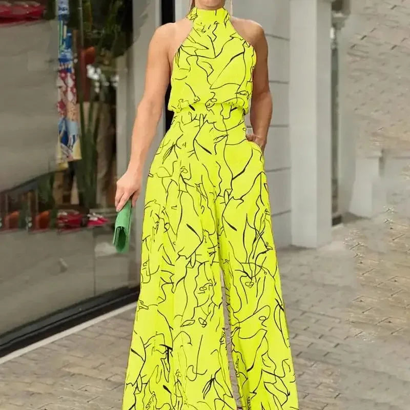 Women's Elegant Jumpsuit Wide Leg Long Pant Summer Sexy Sleeveless Women Casual Print Jumpsuit.  S-3X