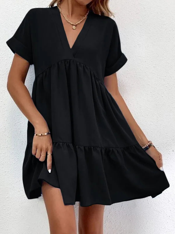 Women's Casual Short Skirt Fresh  Sweet V-neck Cake Solid Color Big Swing Elegant Summer New Solid Color Holiday Mini Dress