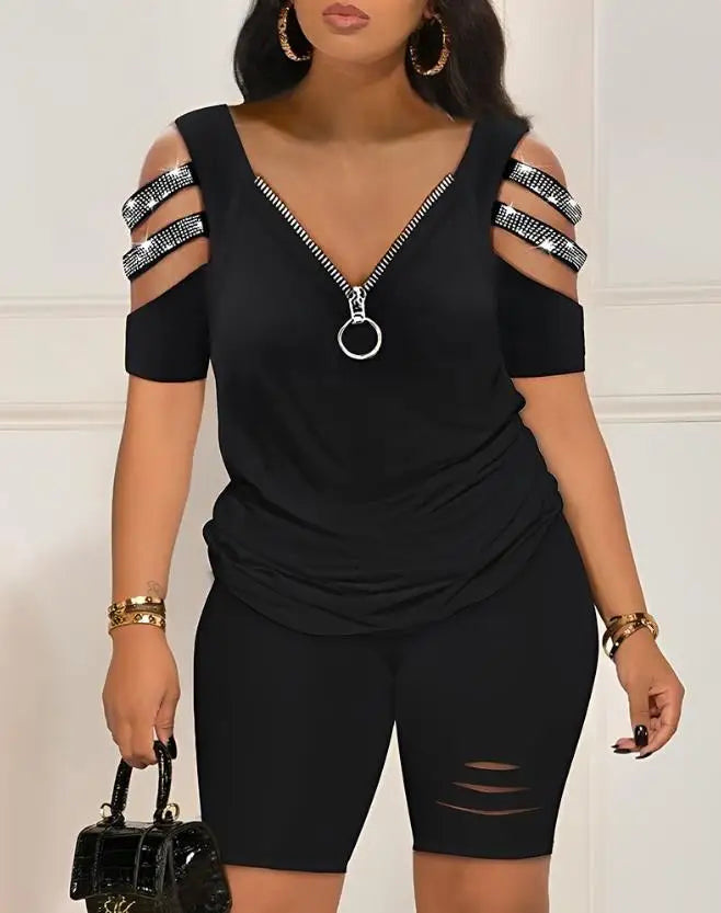 Casual Two Piece Set Short Sleeve Rhinestone Cold Shoulder Top & High Waist Shorts Set.