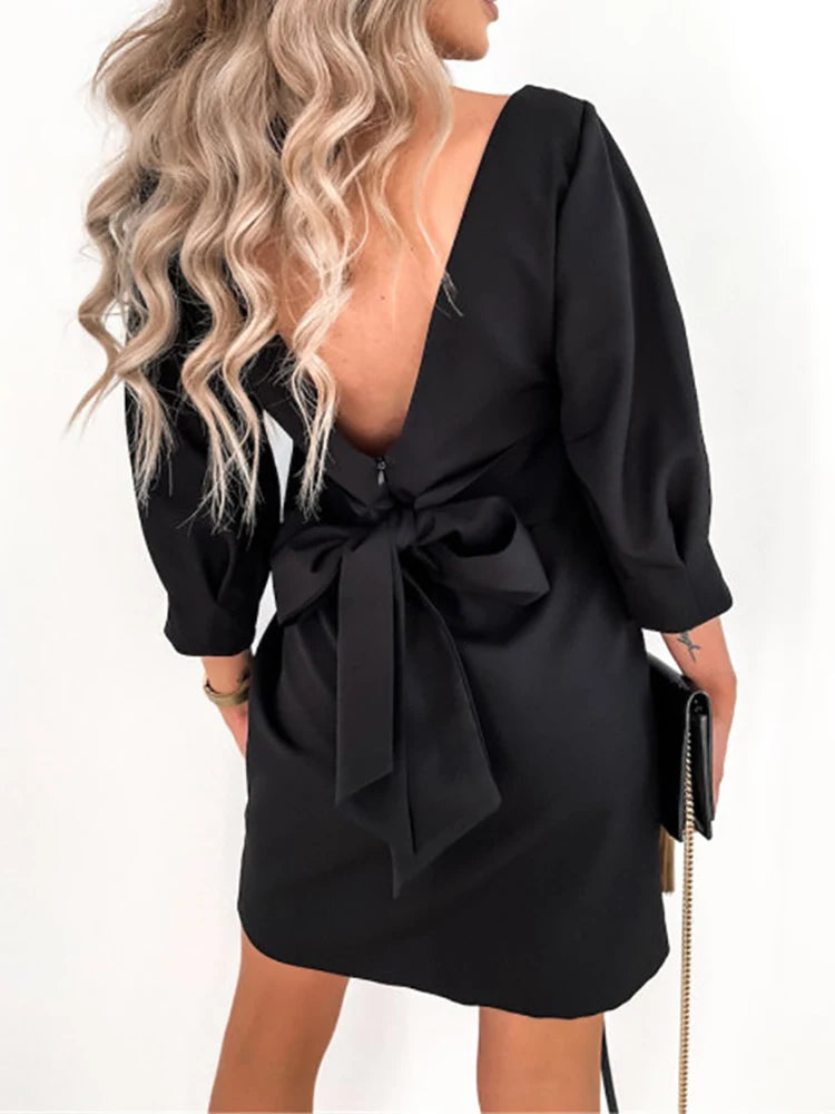 2025 Women Solid O-Neck Princess Party Dress Sexy Three Quarter Sleeve Ladies Bow Backless Dress.  S-3X