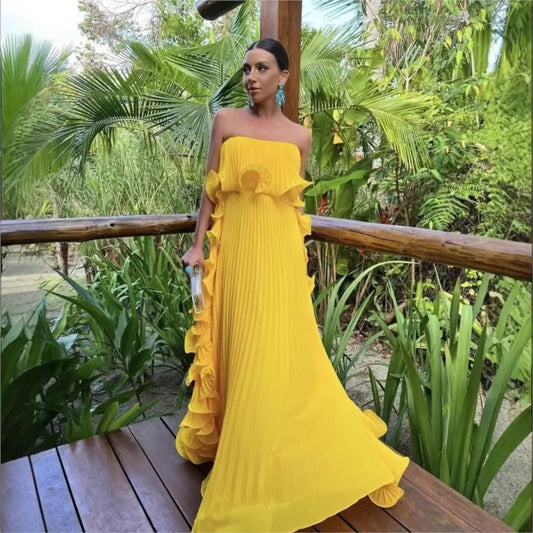 Trendy Women Summer Holiday Dress Pleated Chiffon Long Formal Dress ruffled Strapless Party Dress.  S-2X