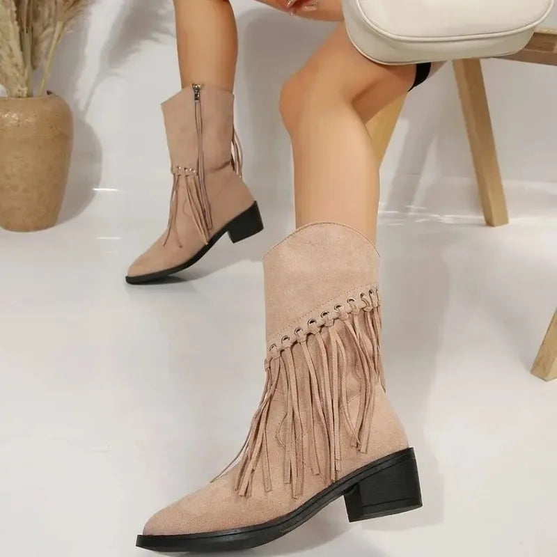 Boots Women Vintage Tassel Cowgirl Fashion Western Booties