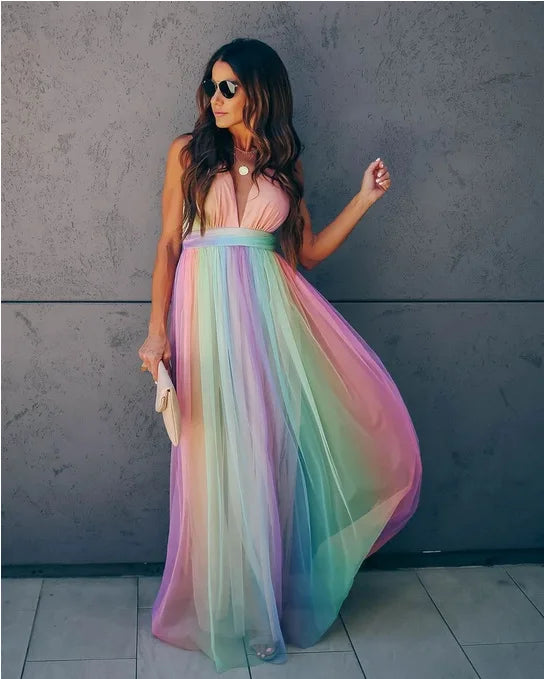 Deep V-neck Rainbow Mesh Sexy Dress High Waist Dress .  S-xxL